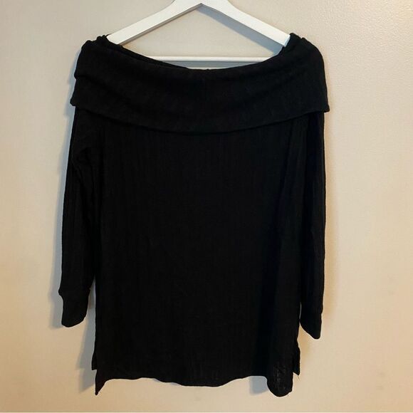 Loveappella Tunic Top Ribbed Pointelle Off the Shoulder Black Casual Fold Over - Picture 7 of 11